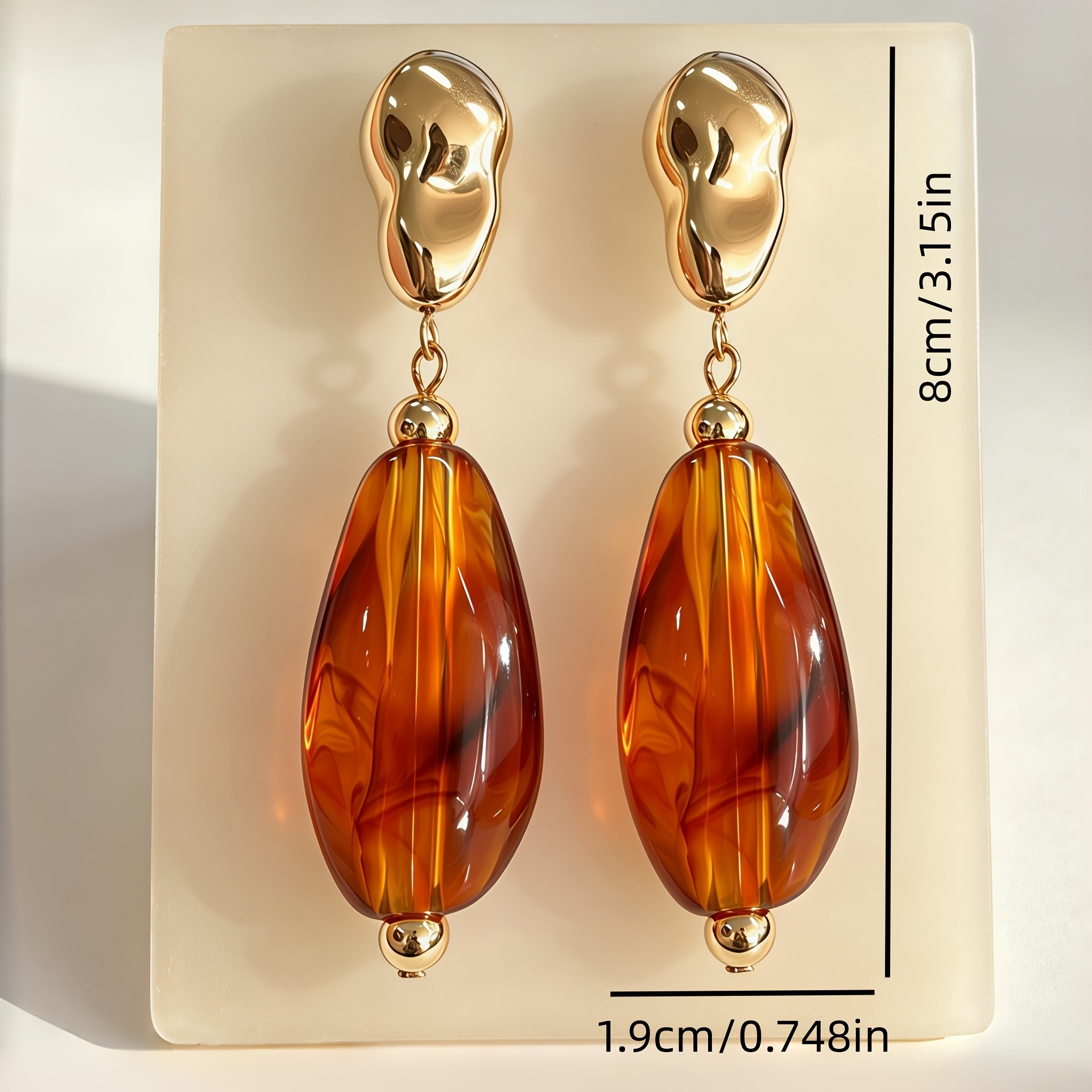 Women's Long Teardrop-shaped Drop Earrings in Faux Amber